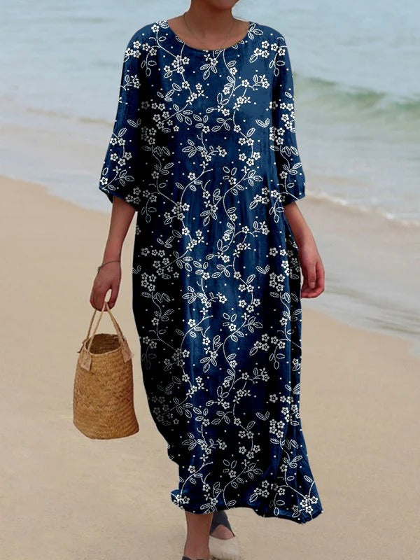 Women’s Midi Dress – Loose Fit – Cotton Blend – Long Sleeve – Retro Floral Print