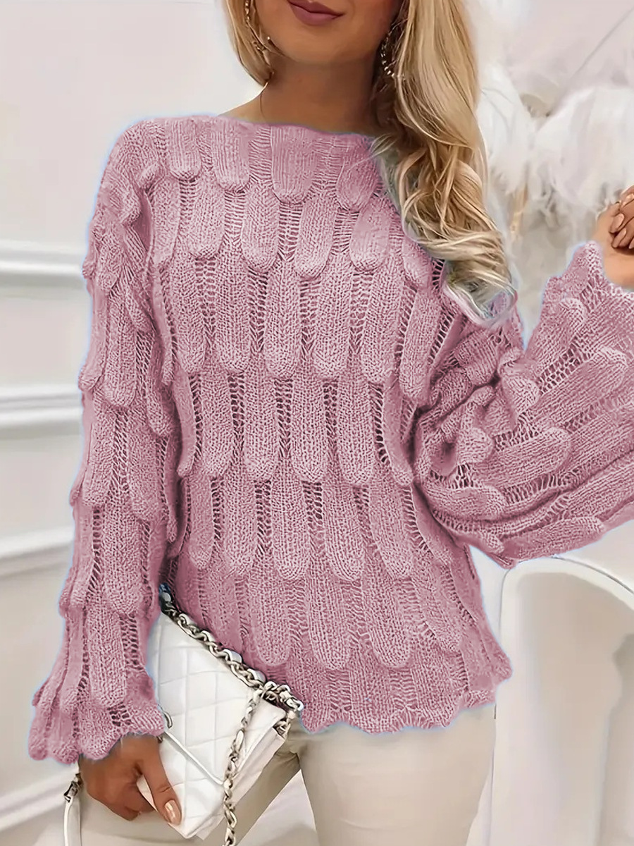 Isla Cotton Blend Hollow Knit Sweater | Trumpet Sleeve Hip-Length Sweater