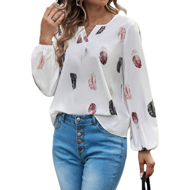 Women’s Long Sleeve T-Shirt – V-Neck – Relaxed Fit – Soft Touch Feather Print