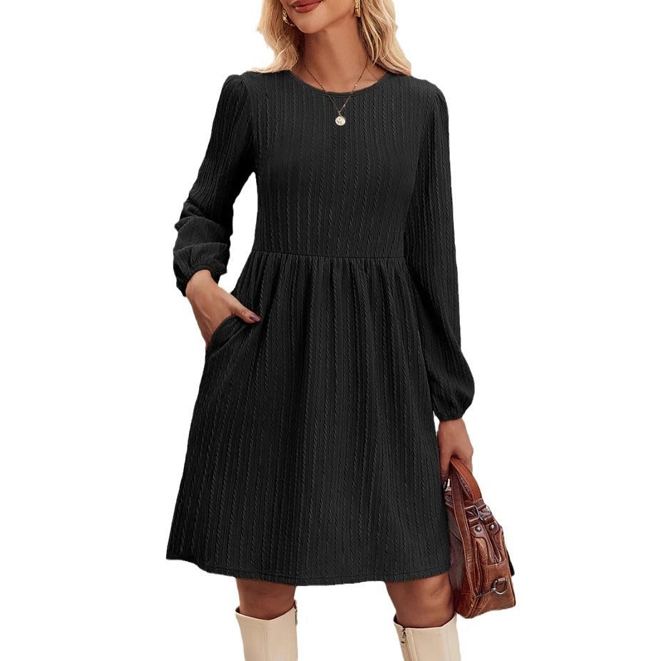 Women’s Knit Dress – Fit and Flare – Jacquard Texture – Puff Long Sleeve – Round Neck