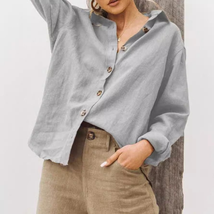 Women’s Shirt – Loose Fit – Cotton Linen – Long Sleeve – Button Front – Lapel Collar