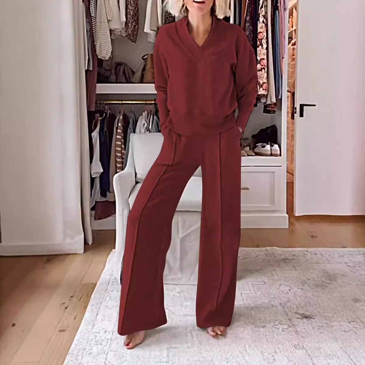 Women’s Two-Piece Set – V-Neck Long Sleeve Top – High Waist Wide-Leg Pants – Knit Fabric