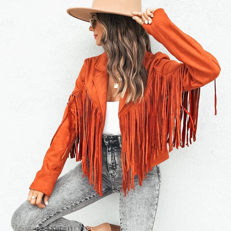 Women’s Tailored Jacket – Suede Look – Fringe Detail – Hip Length – Casual Fit