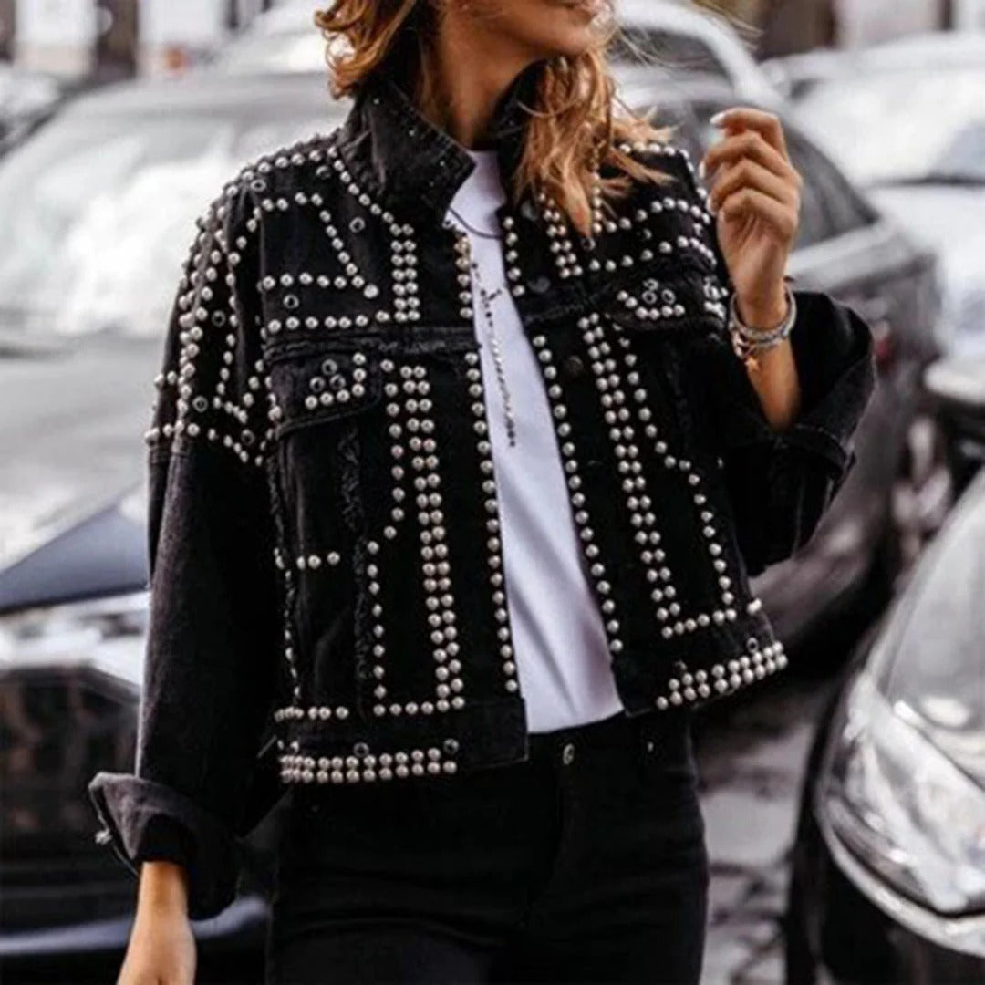 Women’s Cropped Jacket – Denim Look – Rivet Detail – Relaxed Fit – Casual Layering