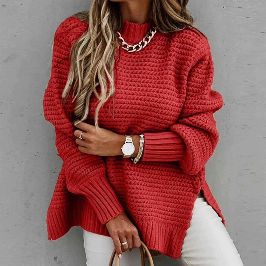 Women’s Sweater – Knitted – Relaxed Fit – Crew Neck – Ribbed Hem – Side Slits