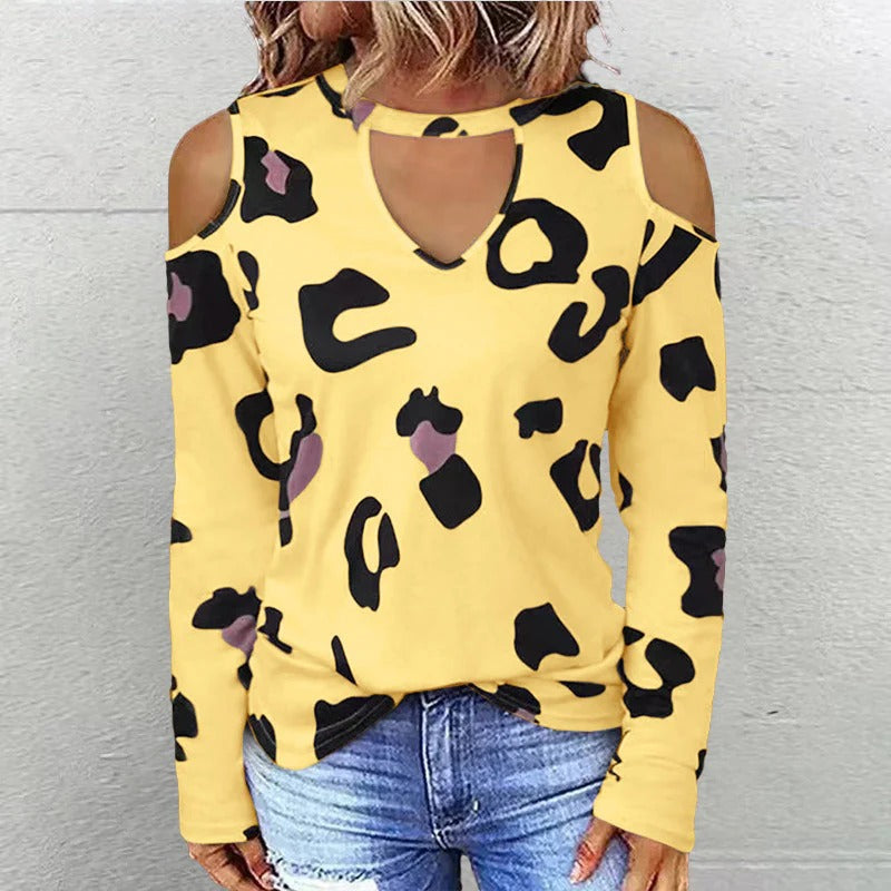 Women’s Long Sleeve Shirt - Relaxed Fit - Crew Neckline Keyhole - Cold Shoulder