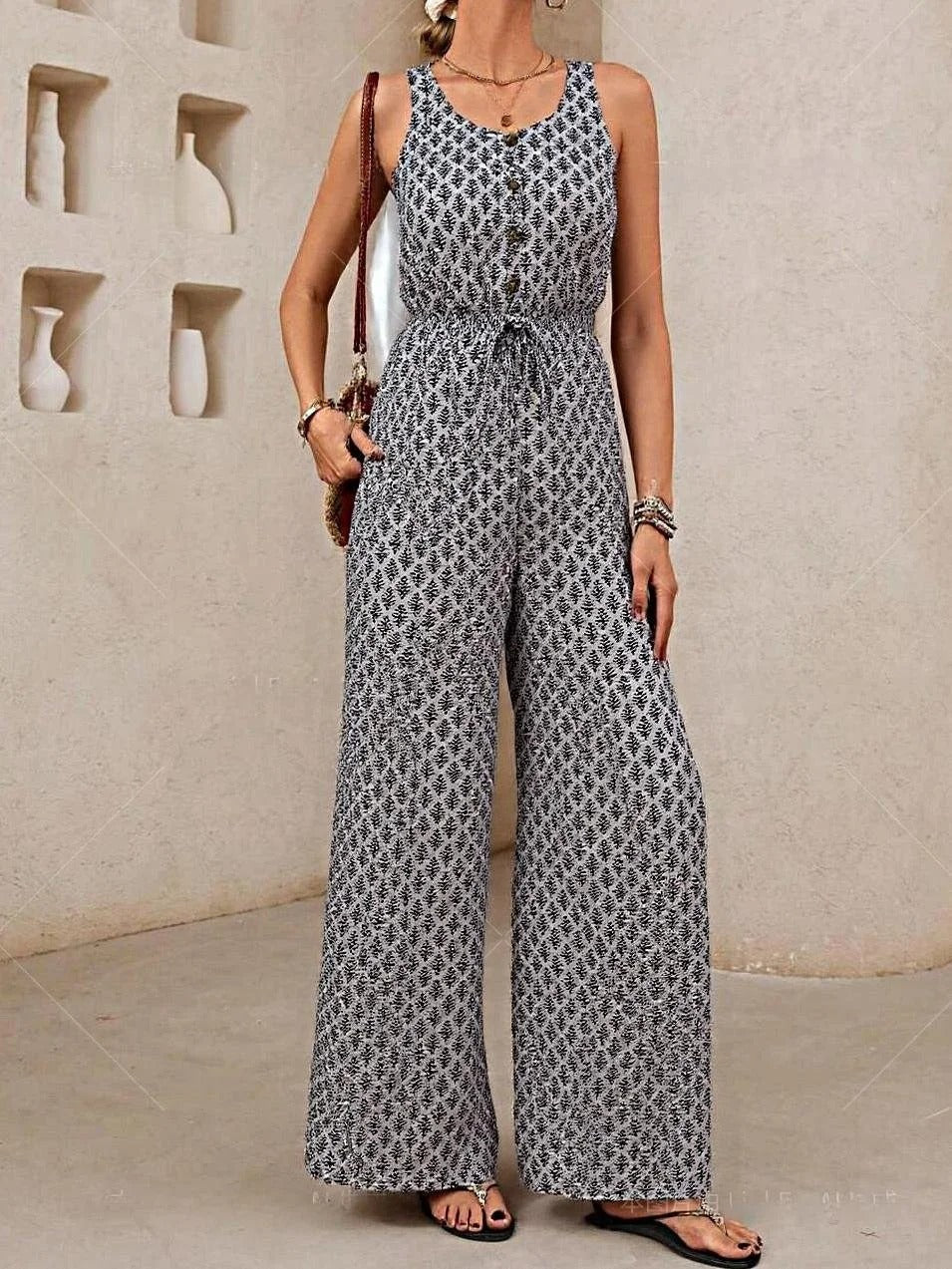 Women’s Jumpsuit – Sleeveless Relaxed Fit – V Neck – Drawstring Waist – Breathable Blend