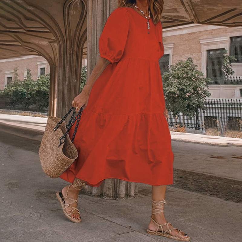 Women’s Midi Dress – Cotton Blend – A-Line Fit – V-Neck Puff Sleeve Boho Style