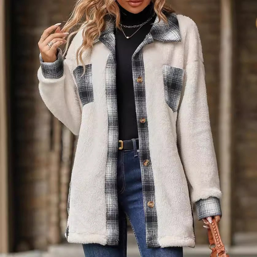 Women’s Shacket Jacket – Oversized Fit – Plush Fleece – Plaid Contrast Details
