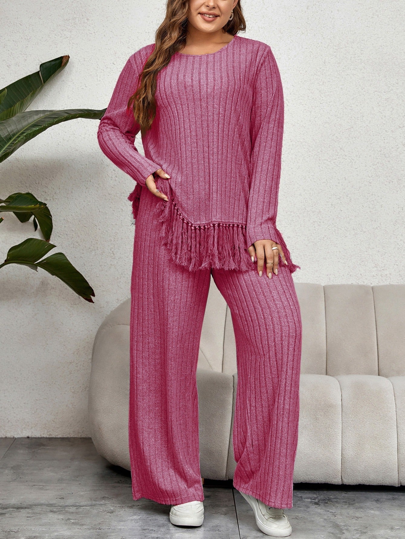 Women’s Lounge Set – Ribbed Knit – Oversized Fringe Hem Top – Wide Leg Pants