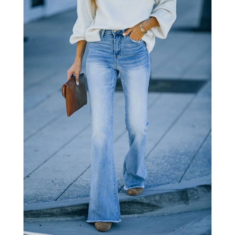Women’s Flared Jeans – Mid-Rise – Stretch Denim – Tassel Hem – Slim Thigh Fit