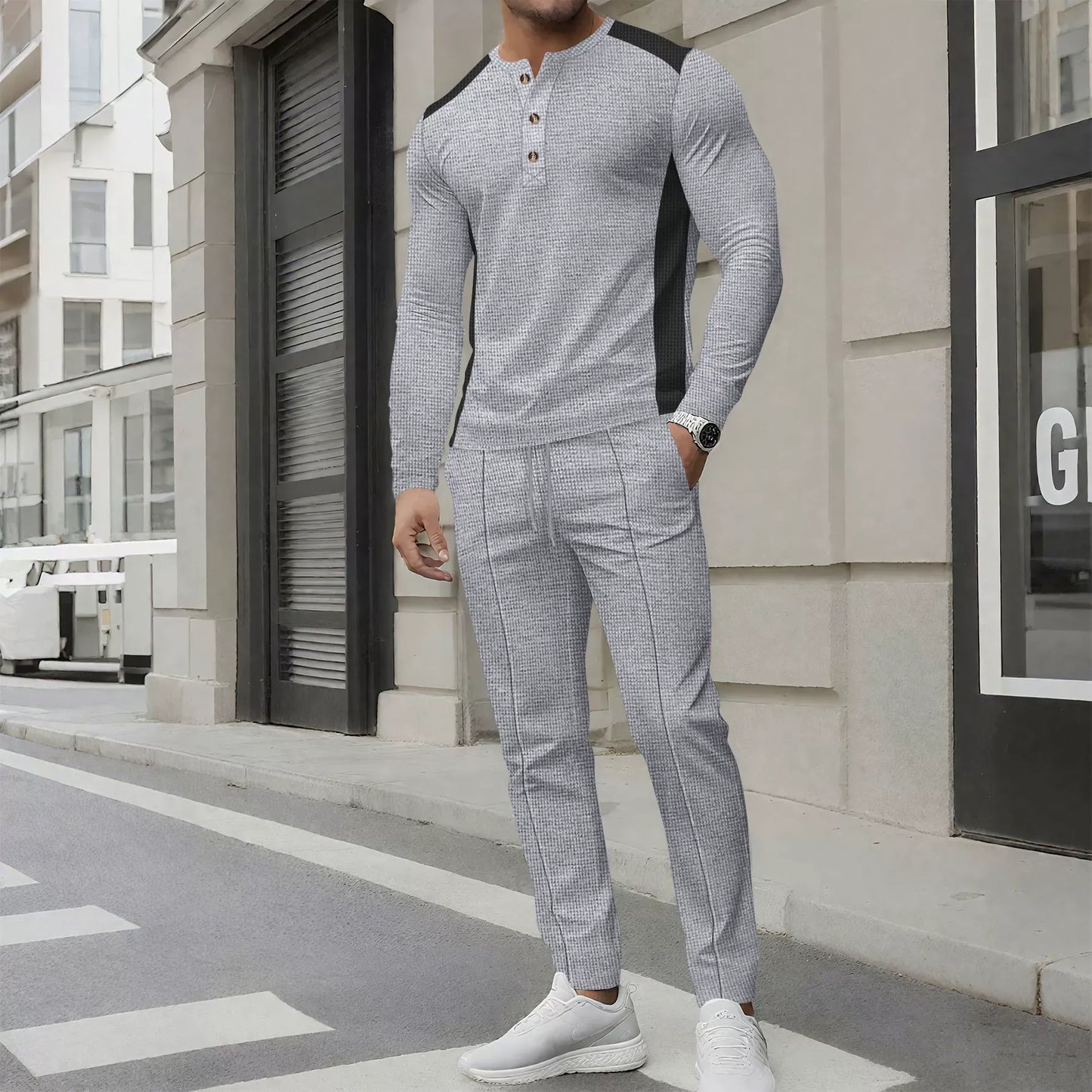 Men’s Two-Piece Set – Slim Fit Waffle Knit – Henley Shirt and Tapered Pants