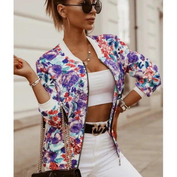 Women’s Cropped Jacket – Slim Fit – Bold Leaf Print – Zip Front – Ribbed Trim