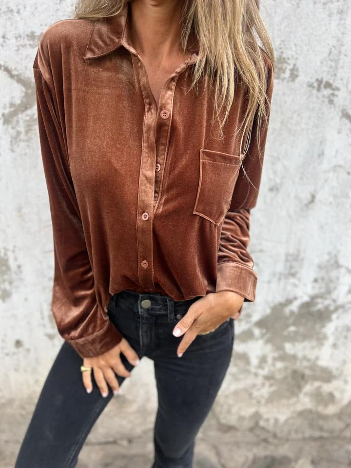 Women’s Velvet Shirt – Loose Fit – Long Sleeve – Single-Breasted Casual Style