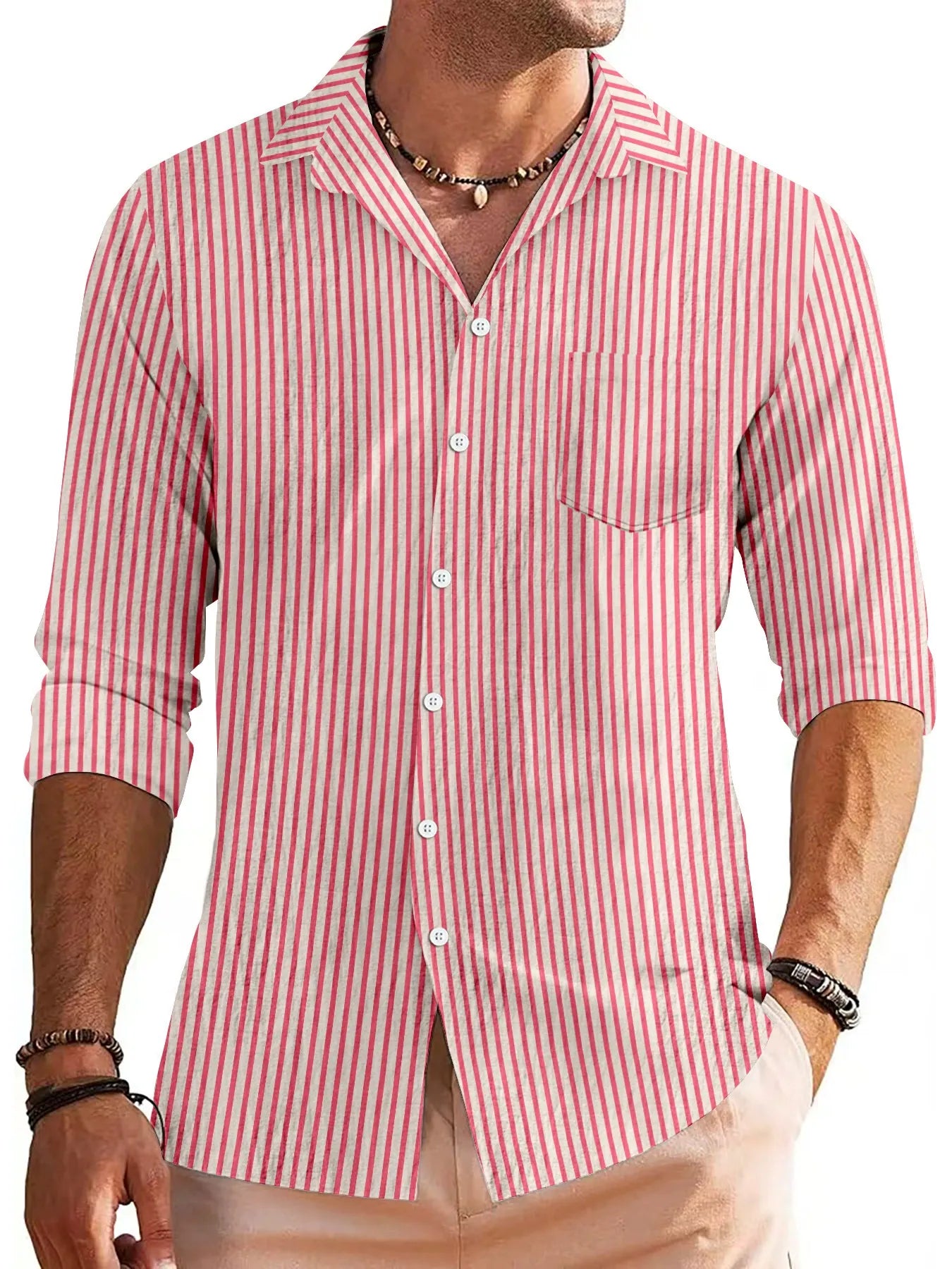 Men’s Button-Down Shirt – Cotton Blend – Regular Fit – Striped Long Sleeve Casual