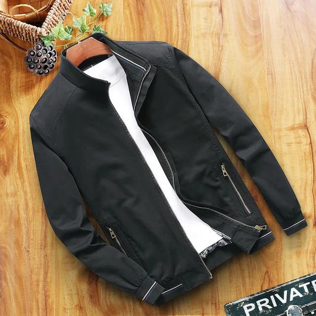 Men’s Windbreaker Jacket – Slim Fit – Stand-Up Collar – Zipper Pockets – Ribbed Hem