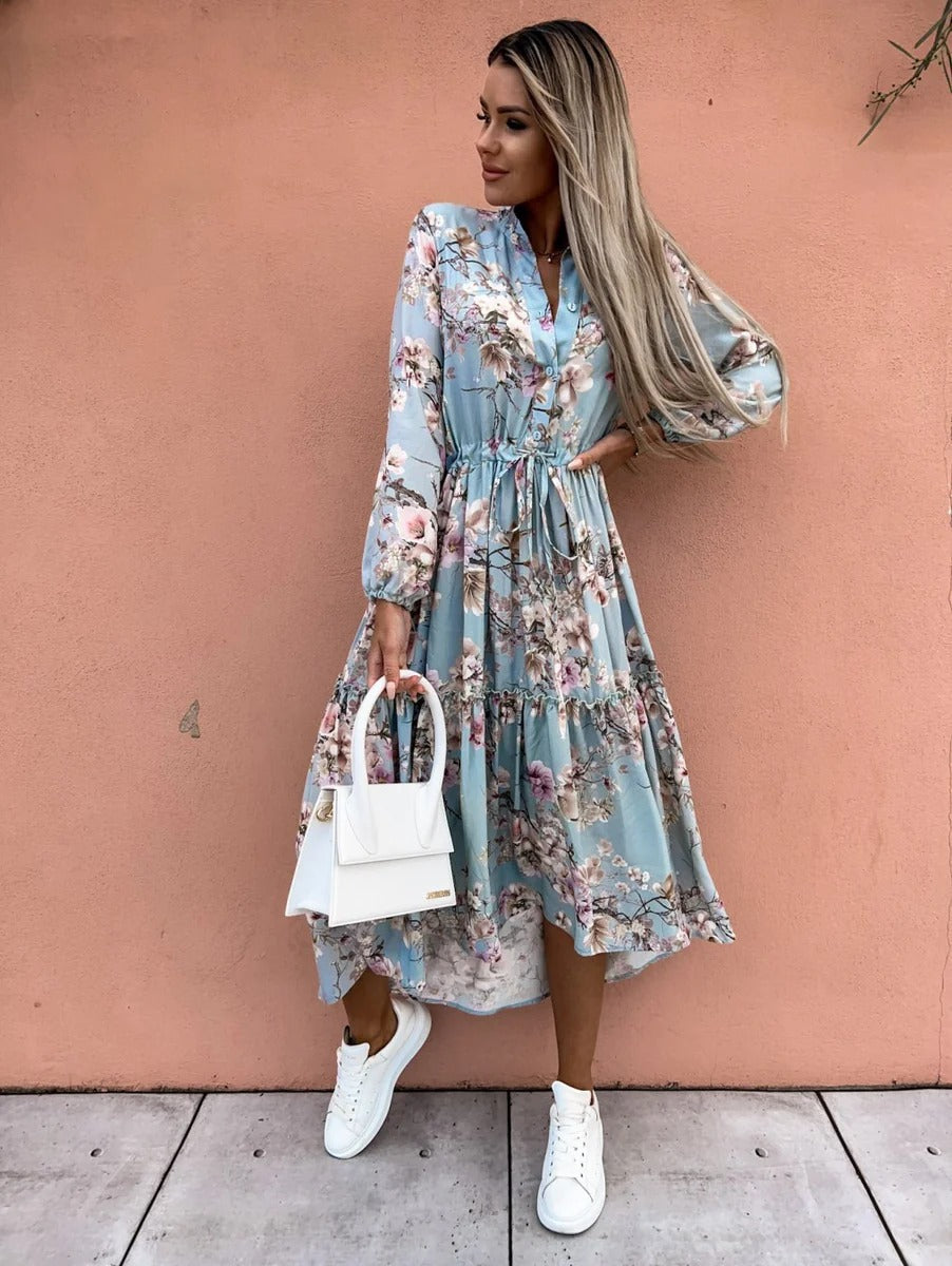 Women’s Shirt Dress – Relaxed Fit – Silk – Tie Waist – Floral Midi – 3/4 Sleeve
