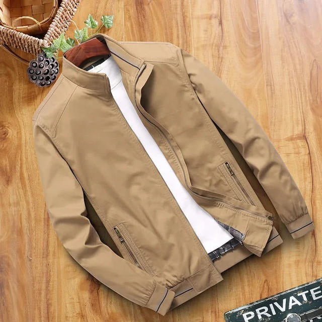 Men’s Windbreaker Jacket – Slim Fit – Stand-Up Collar – Zipper Pockets – Ribbed Hem