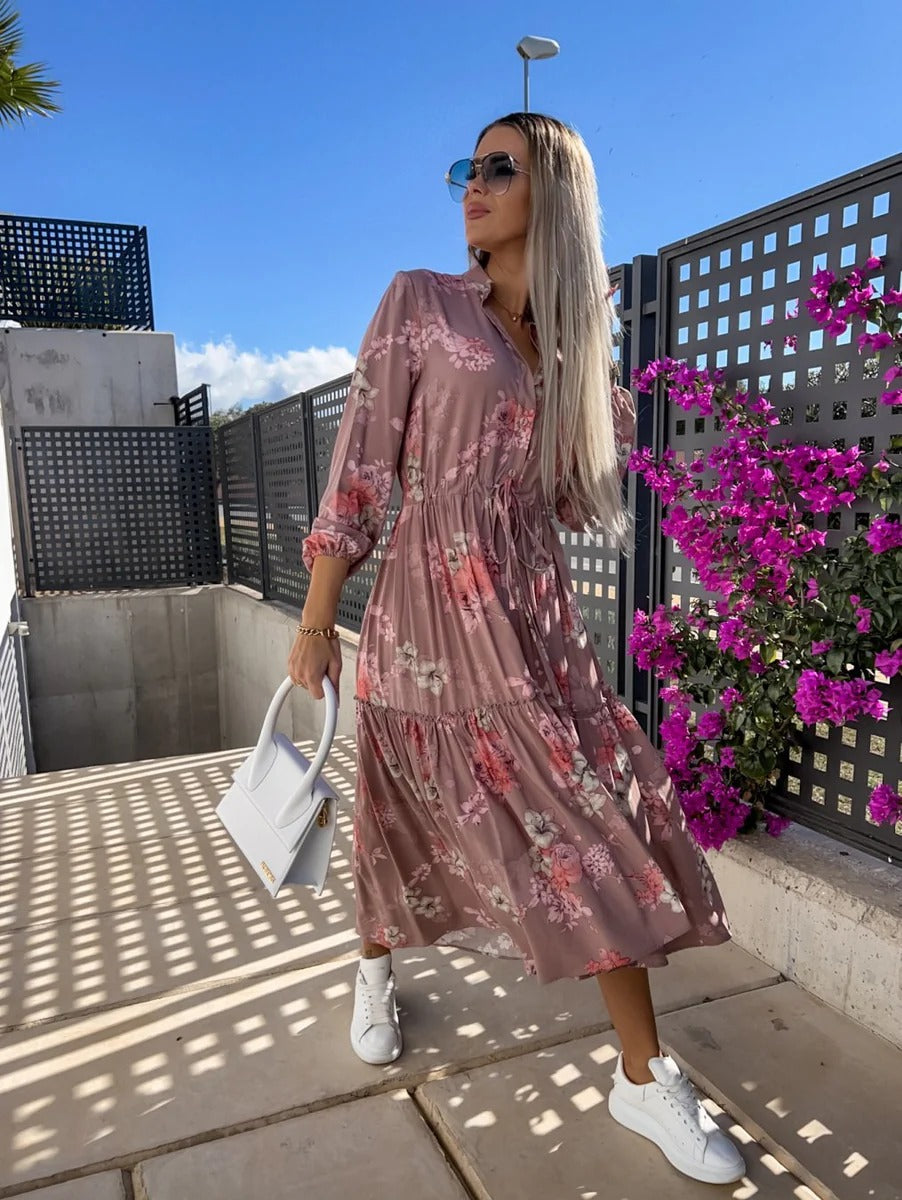 Women’s Shirt Dress – Relaxed Fit – Silk – Tie Waist – Floral Midi – 3/4 Sleeve