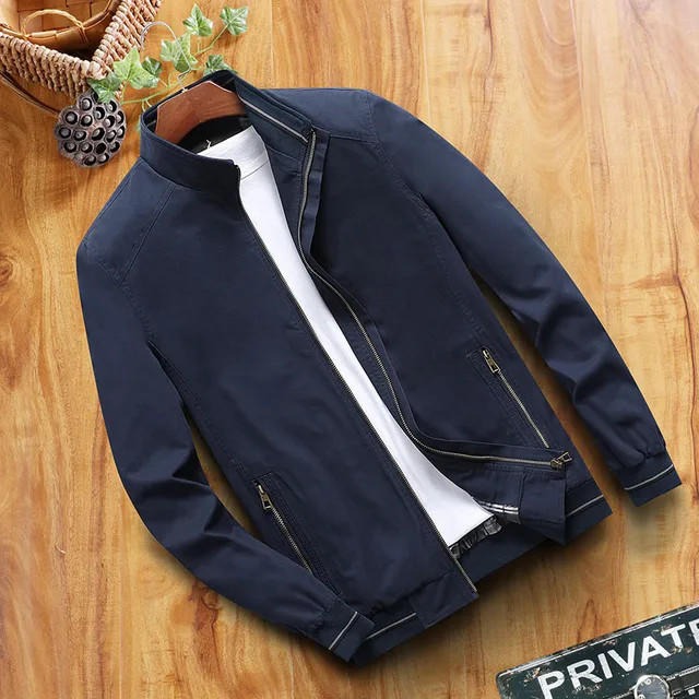 Men’s Windbreaker Jacket – Slim Fit – Stand-Up Collar – Zipper Pockets – Ribbed Hem