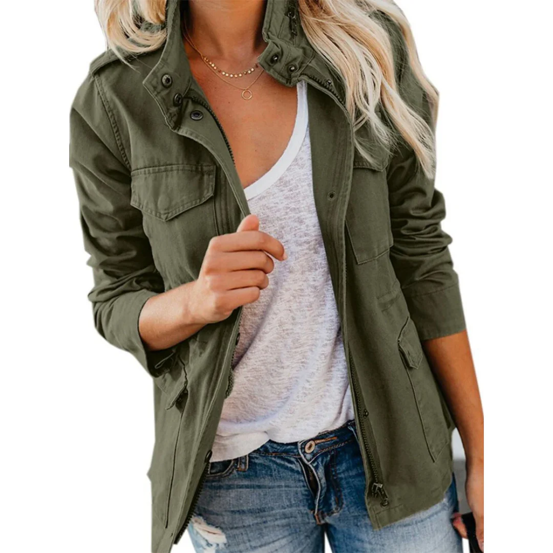 Women’s Jacket – Structured Fit – Cotton – Zipper Front – Snap Buttons – Hip Length