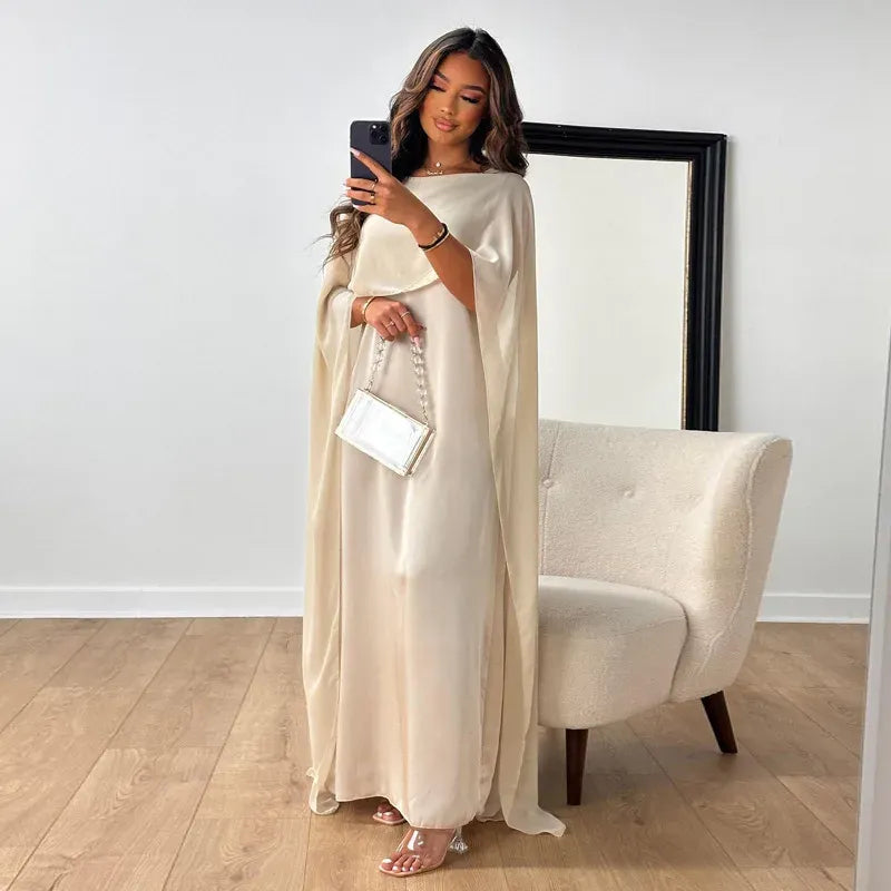 Women's Maxi Dress - Chiffon - Relaxed Fit - Boat Neck - Full-Length Cape Sleeves