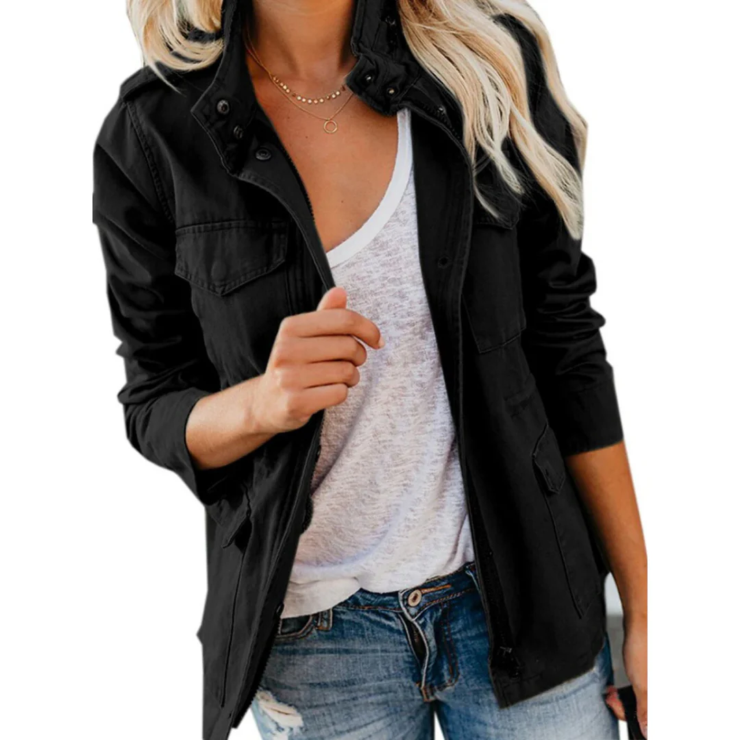 Women’s Jacket – Structured Fit – Cotton – Zipper Front – Snap Buttons – Hip Length