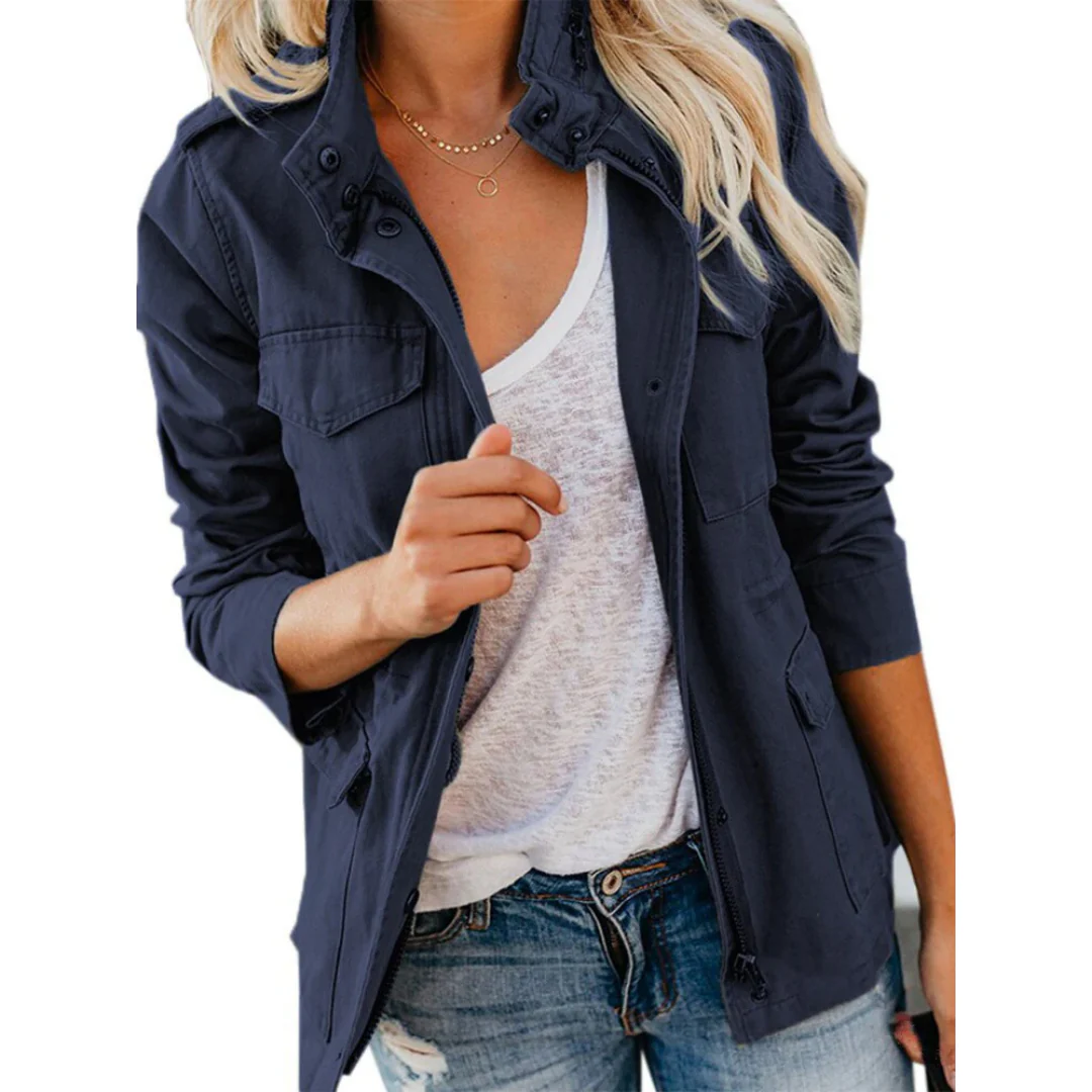 Women’s Jacket – Structured Fit – Cotton – Zipper Front – Snap Buttons – Hip Length