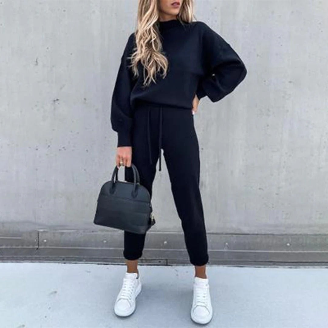 Women’s Lounge Set – Cotton Knit – Relaxed Fit Top – Tapered Ankle Pants