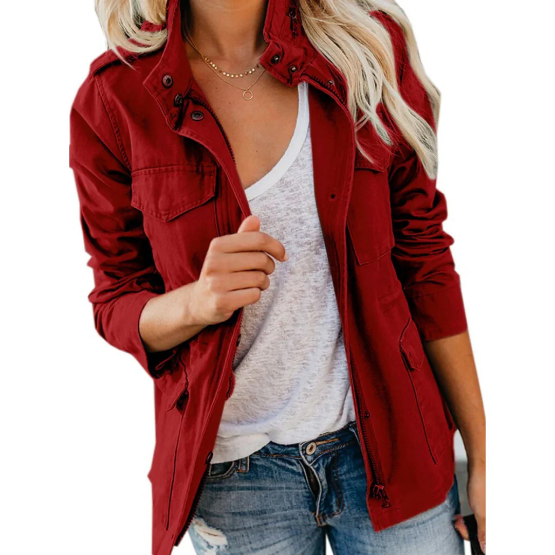 Women’s Jacket – Structured Fit – Cotton – Zipper Front – Snap Buttons – Hip Length