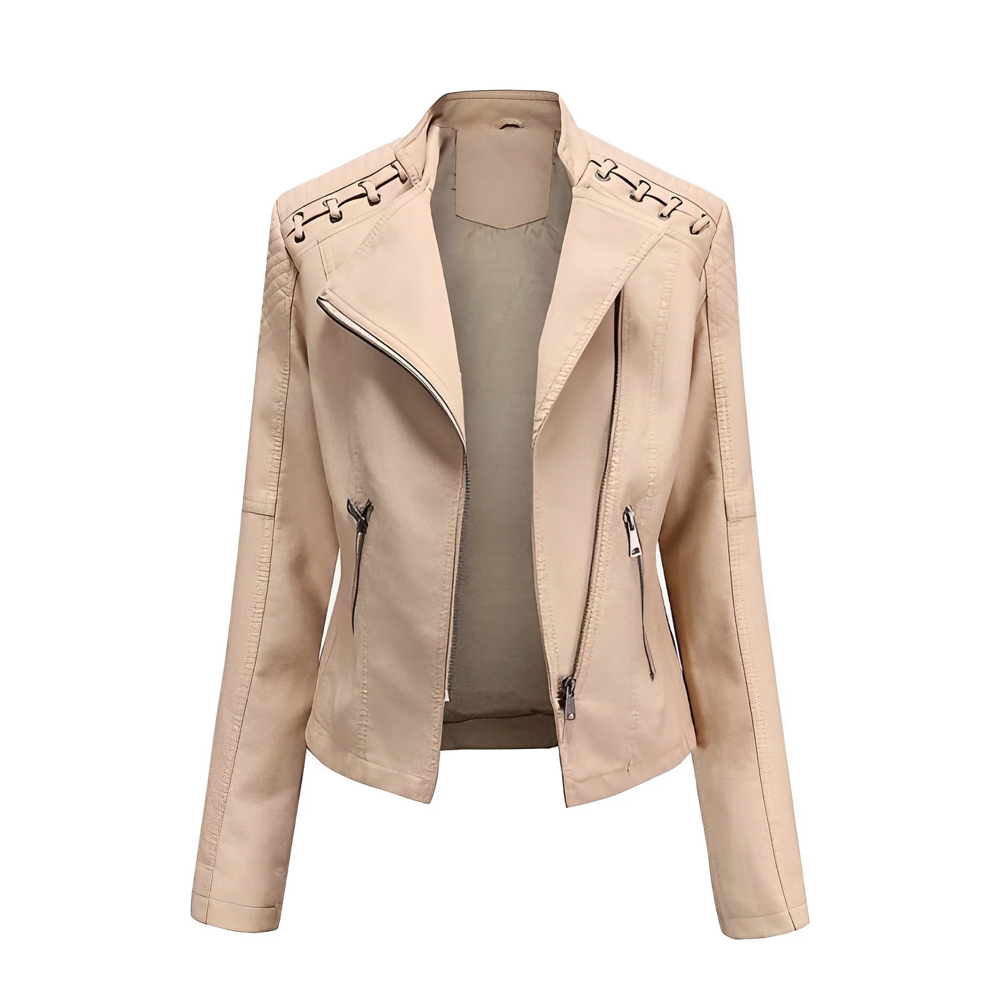 Women’s Leather Jacket – Tailored Fit – Asymmetrical Zip – Quilted Shoulders – Full Length Sleeves
