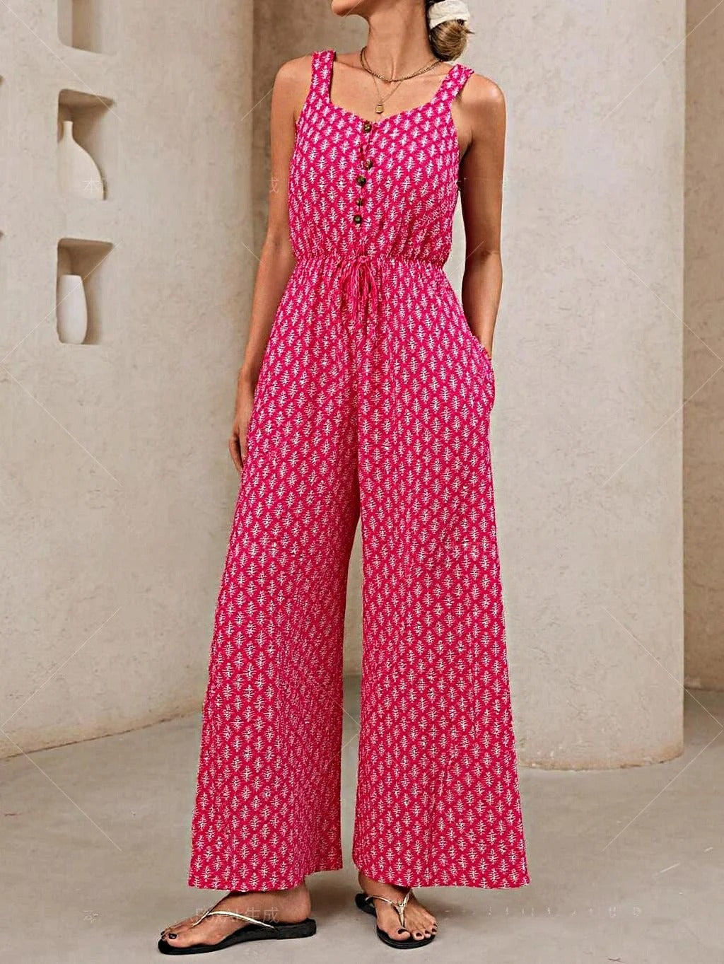 Women’s Jumpsuit – Sleeveless Relaxed Fit – V Neck – Drawstring Waist – Breathable Blend