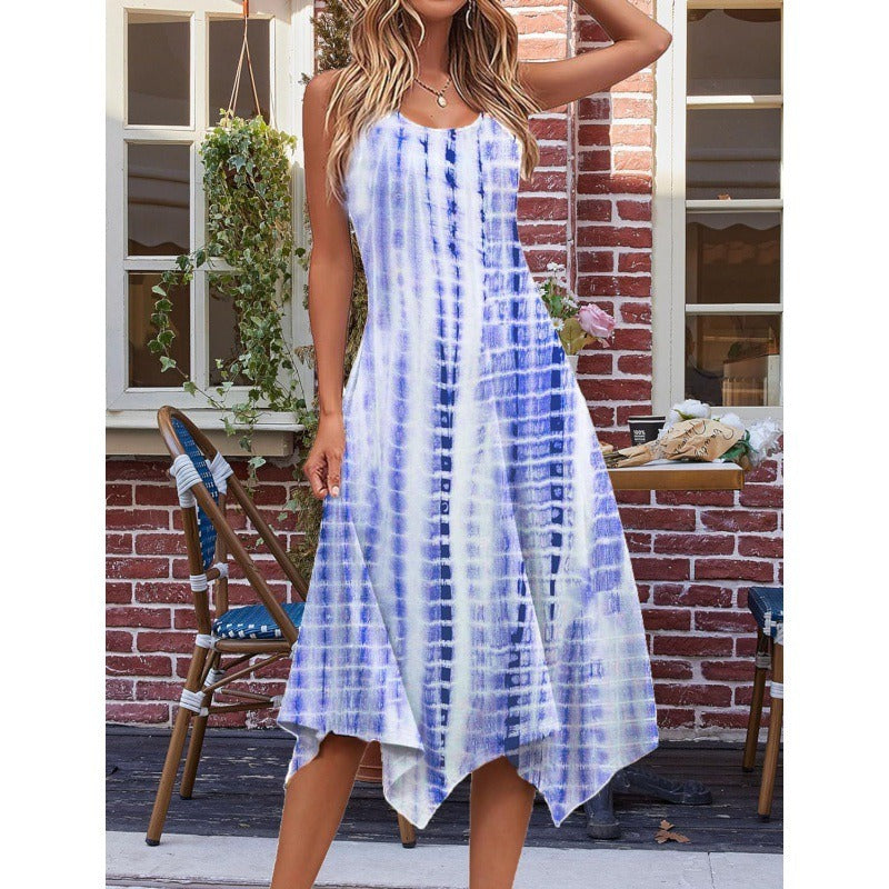 Women’s Midi Dress – Cotton Blend – A-Line Fit – Sleeveless – Abstract Print Hem