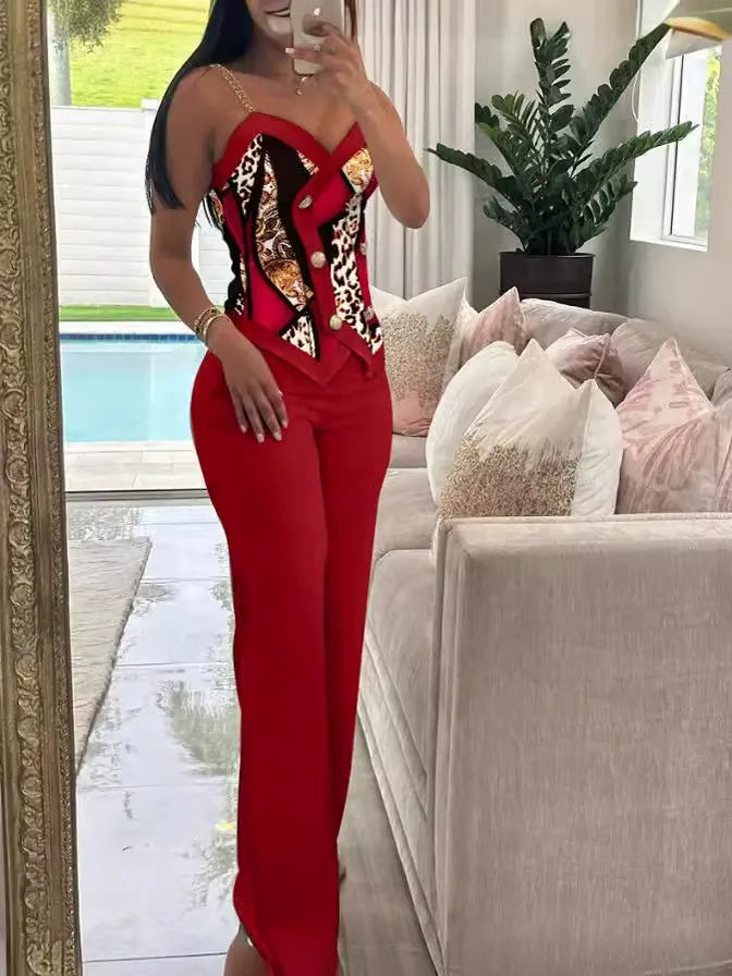 Women’s Suspender Suit – Tailored Fit – Double-Breasted Top – Animal Print Detail