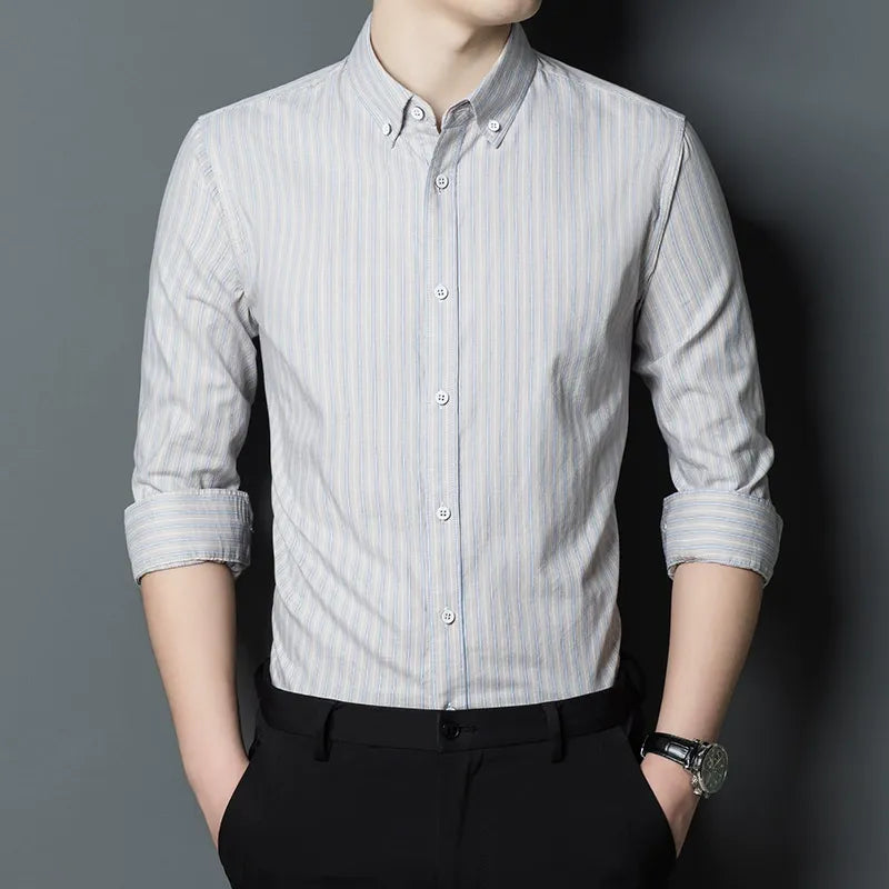 Men’s Button-Up Shirt – Slim Fit – Cotton – Long Sleeve – Striped – Business Casual