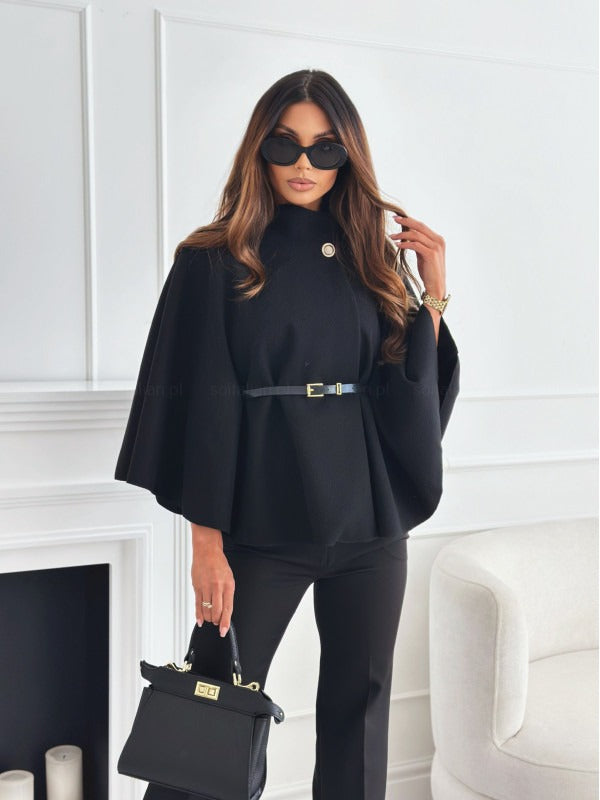 Women’s Cape Coat – Tailored Fit – Wool Blend – High Neck – Belted Waist Elegant Style
