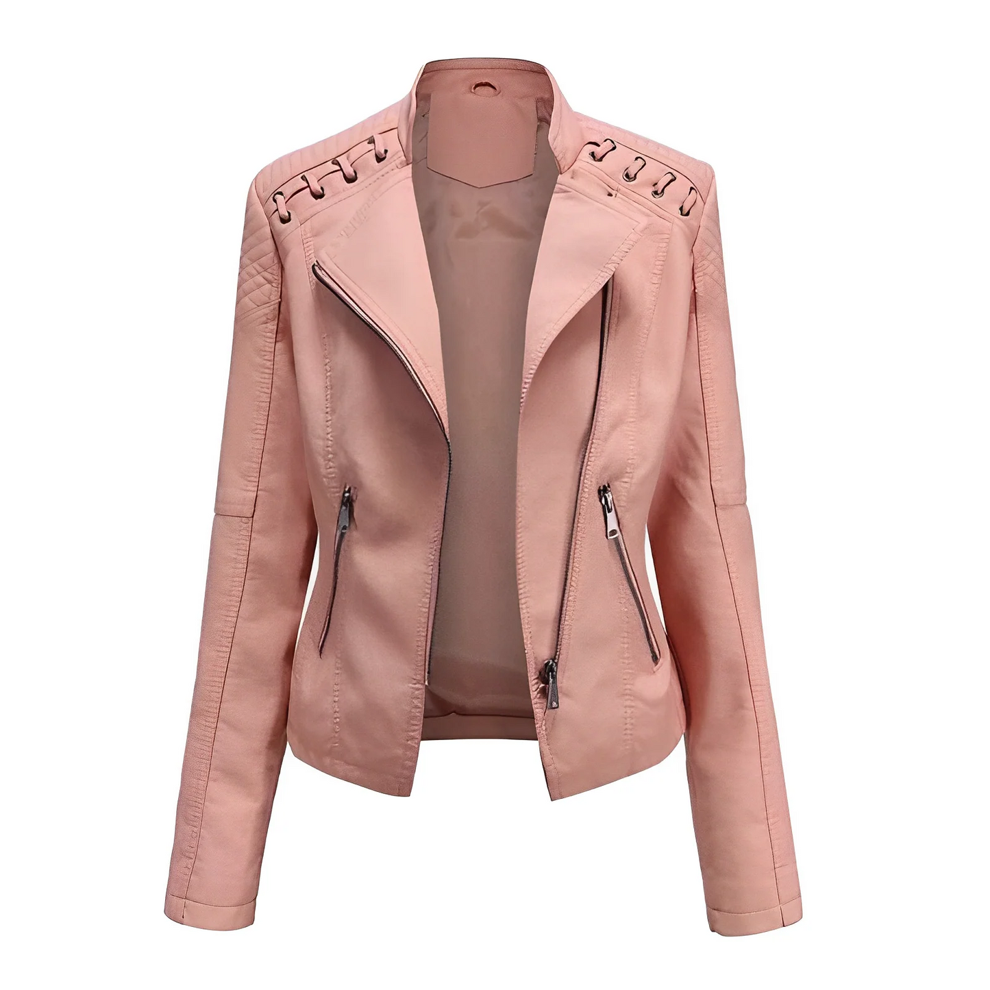 Women’s Leather Jacket – Tailored Fit – Asymmetrical Zip – Quilted Shoulders – Full Length Sleeves