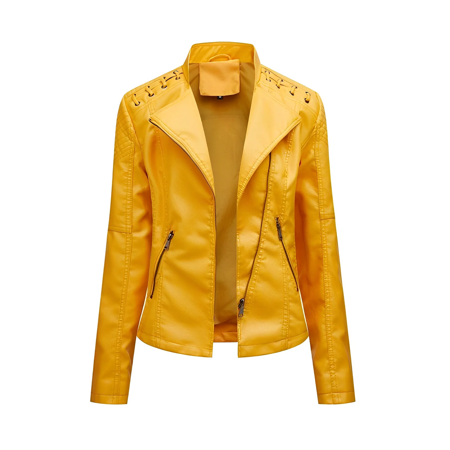 Women’s Leather Jacket – Tailored Fit – Asymmetrical Zip – Quilted Shoulders – Full Length Sleeves