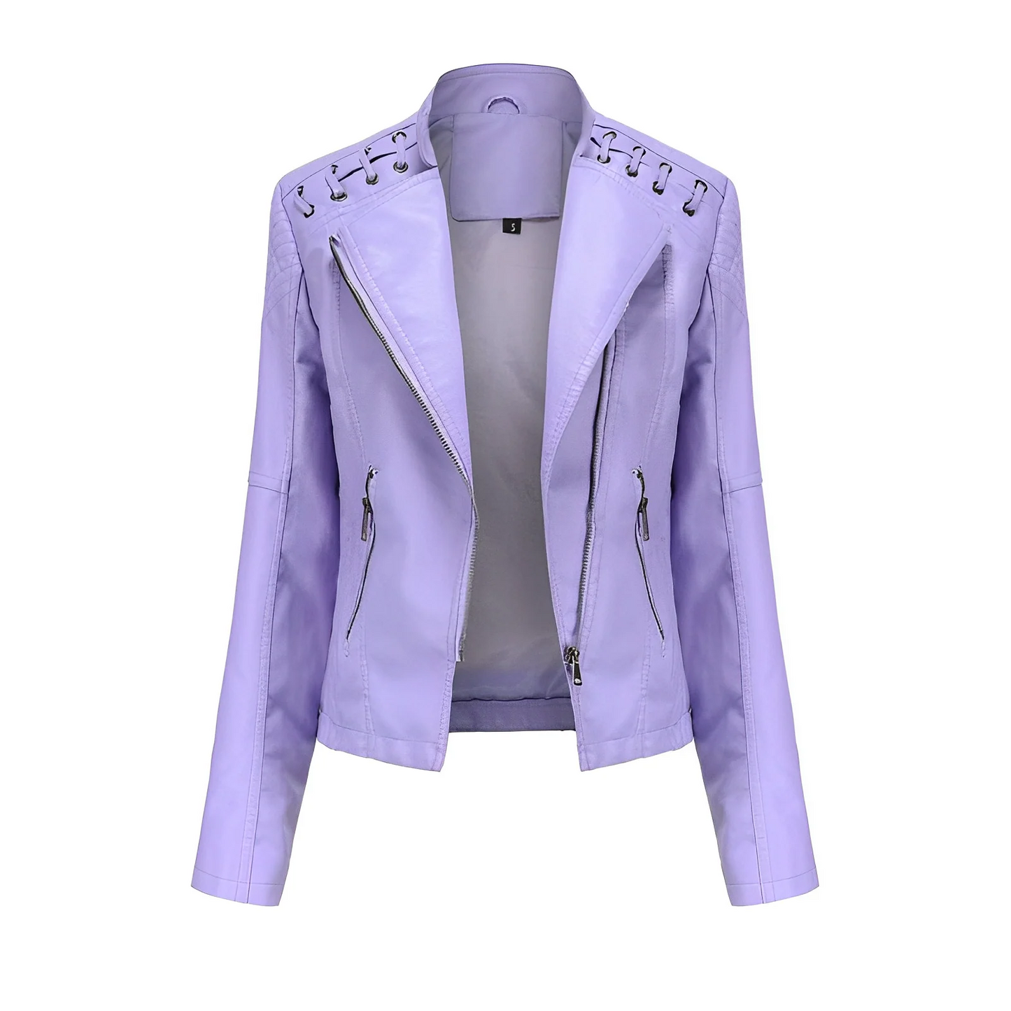 Women’s Leather Jacket – Tailored Fit – Asymmetrical Zip – Quilted Shoulders – Full Length Sleeves
