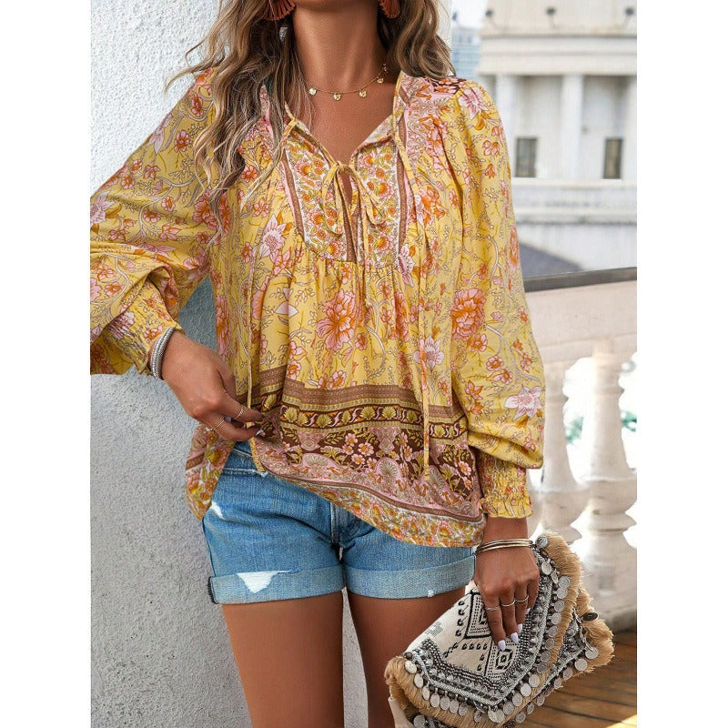 Women’s Blouse – Flowy Fit – Bohemian Print – V-Neck with Tie – Long Puff Sleeves