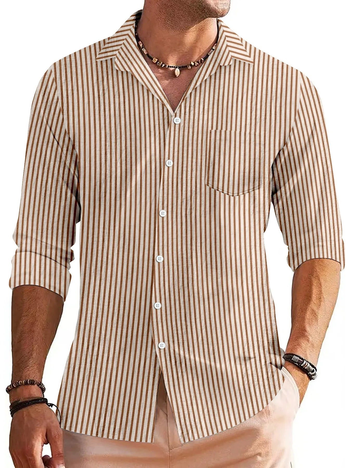 Men’s Button-Down Shirt – Cotton Blend – Regular Fit – Striped Long Sleeve Casual