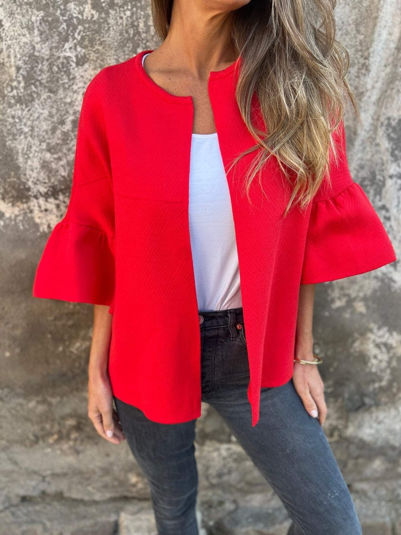 Women's Cropped Cardigan - Knit - Relaxed Fit - Three-Quarter Puff Sleeve - Open Front