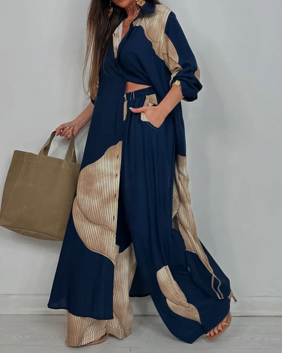 Women’s Two-Piece Set – Button-Down Tunic Shirt – Wide-Leg Pants – Oversized Fit