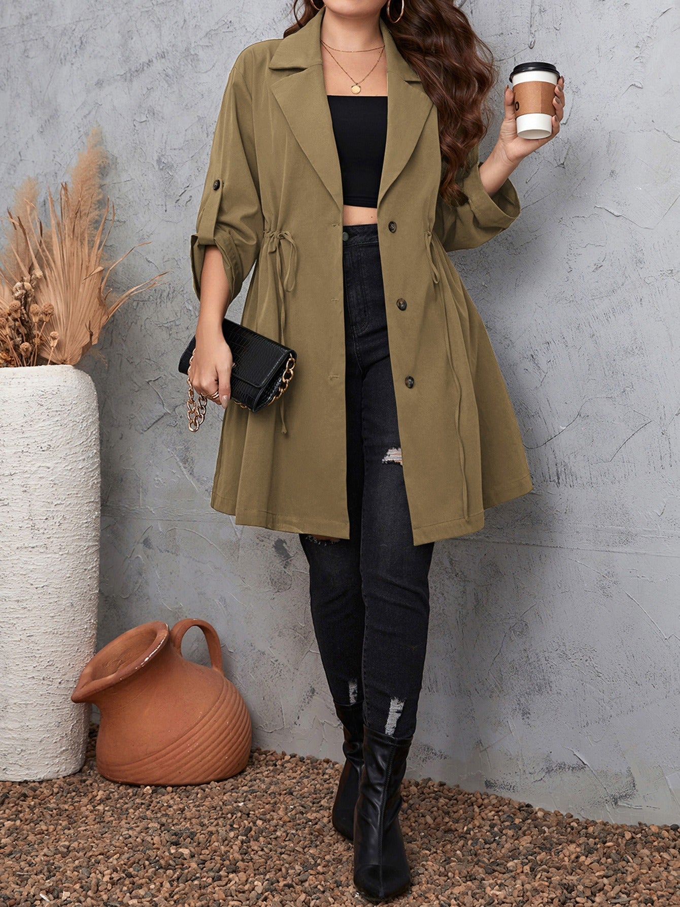 Women's Coat - Relaxed Fit - Blazer Collar - Button Detail