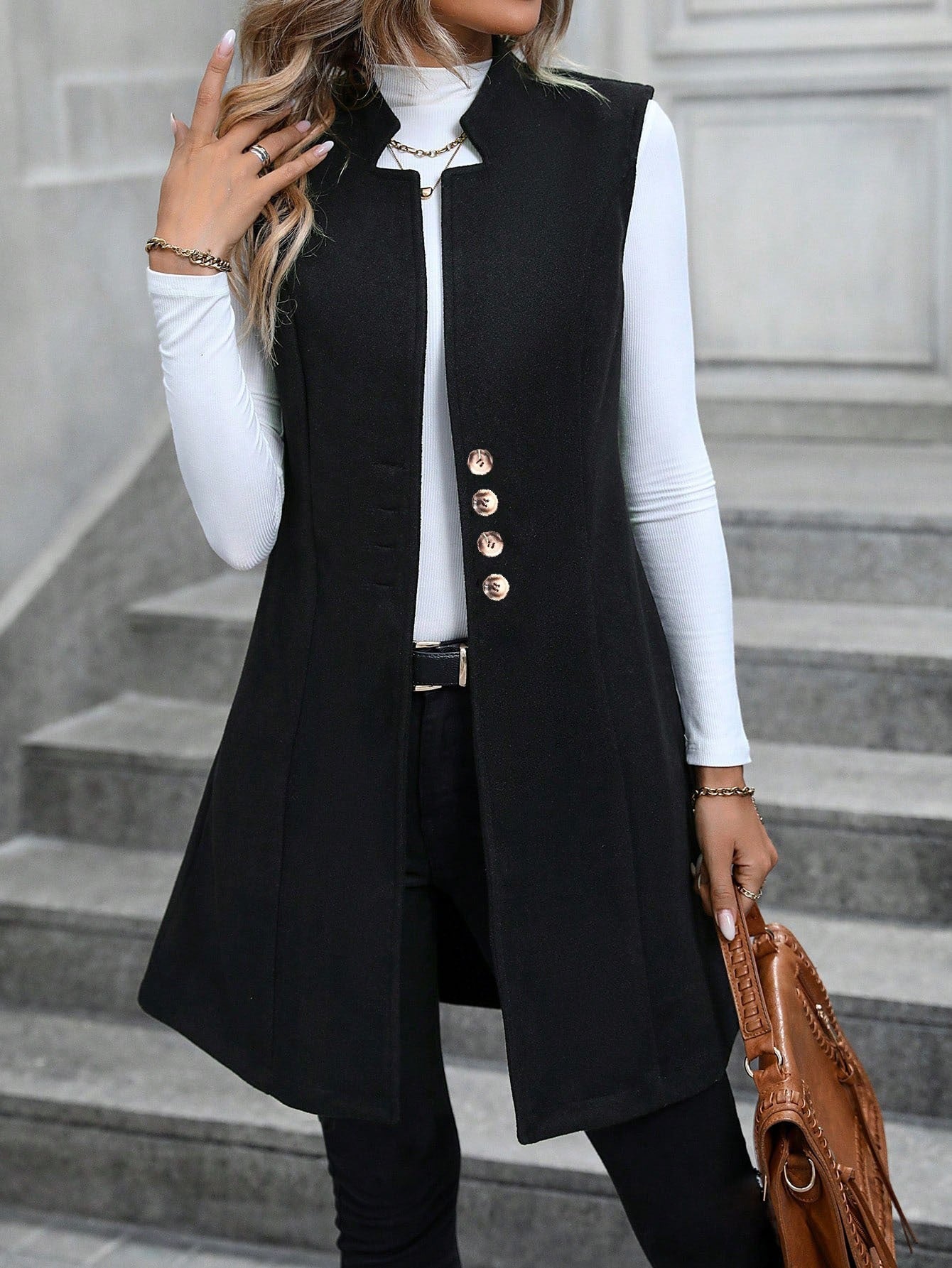 Women’s Sleeveless Jacket – Wool Blend – Tailored Fit – High Collar – Open Front