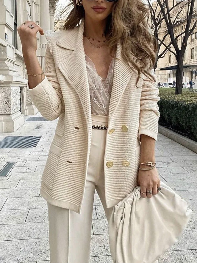 Women’s Jacket Coat – Tailored Fit – Ribbed Texture – Double-Breasted – Lapel Collar