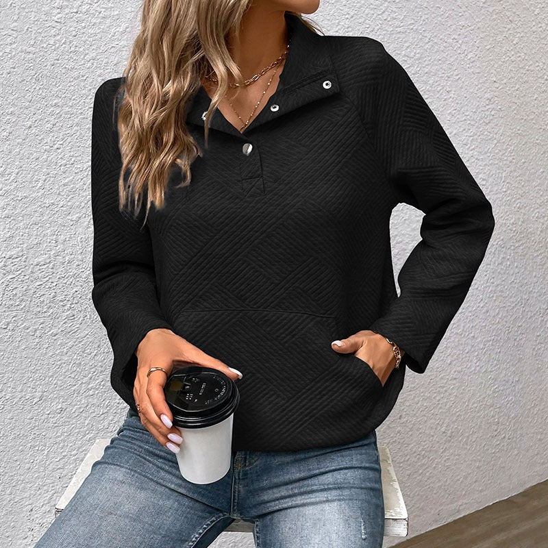 Women’s Sweatshirt – Quilted Pullover – Relaxed Fit – Stand Collar with Pocket