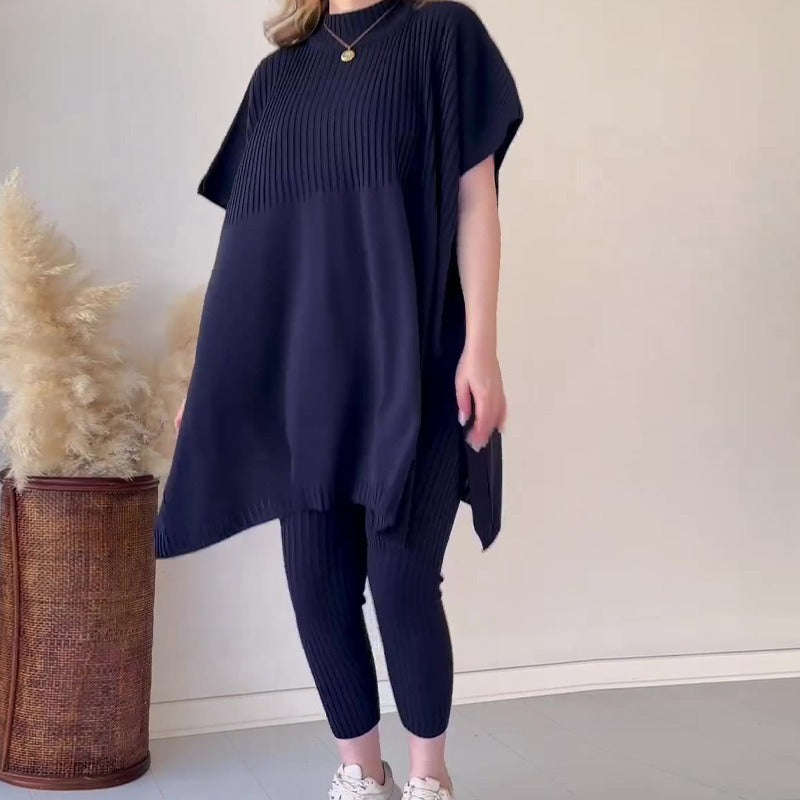 Women’s Two-Piece Knit Set – Oversized Tunic Top with Mock Neck – Ribbed Cropped Pants