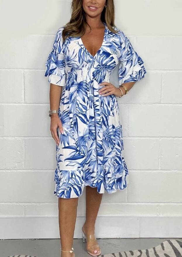 Women’s Midi Dress – Loose Fit – High Waist – Botanical Print – Cotton – V-Neck – Ruffle Sleeve