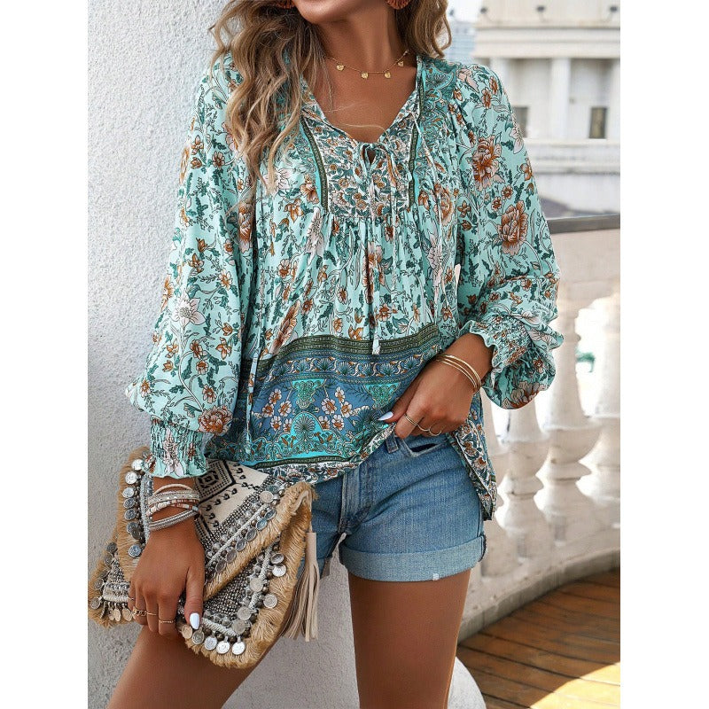 Women’s Blouse – Flowy Fit – Bohemian Print – V-Neck with Tie – Long Puff Sleeves